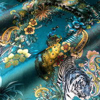 Becca Who Velvet Interiors Fabric in Peacock Blue with Indian wildlife and pattern