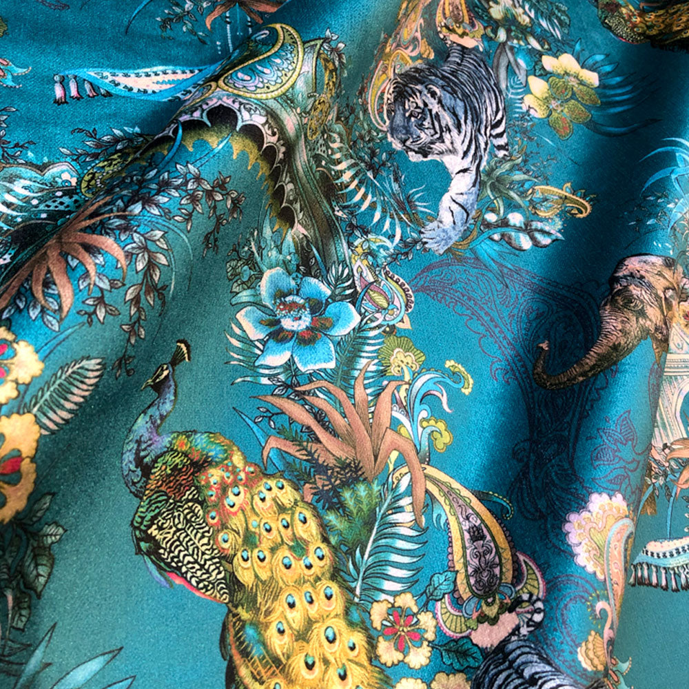 Luxurious Velvet with Indian Wildlife and Pattern on Peacock Teal Blue by Designer, Becca Who