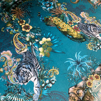 Becca Who Teal Blue Designer Velvet Fabric in Peacock and wildlife of India design for upholstery and soft furnishings