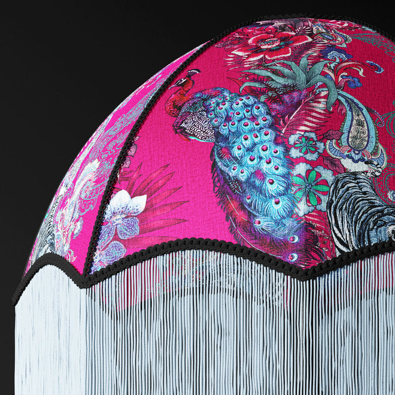 Bright Pink Patterned Soft Furnishings Fabric with Peacock and wildife of India print by Designer Becca Who