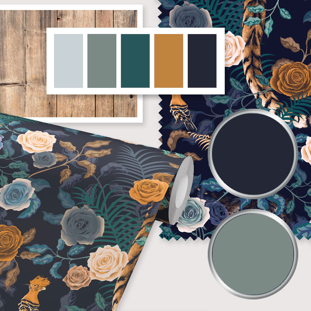 Moodboard created by Becca Who for decor inspiration with Bengal Rose Garden wallpaper