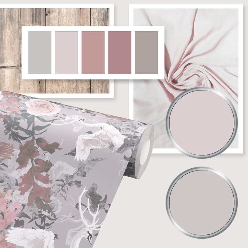 Elegant Bedroom Wallpaper in pale Pink with Grey by Designer Becca Who