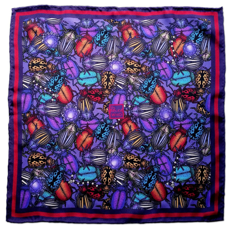 Becca Who Purple and Red Silk Pocket Square Mens Accessory Beetles Design