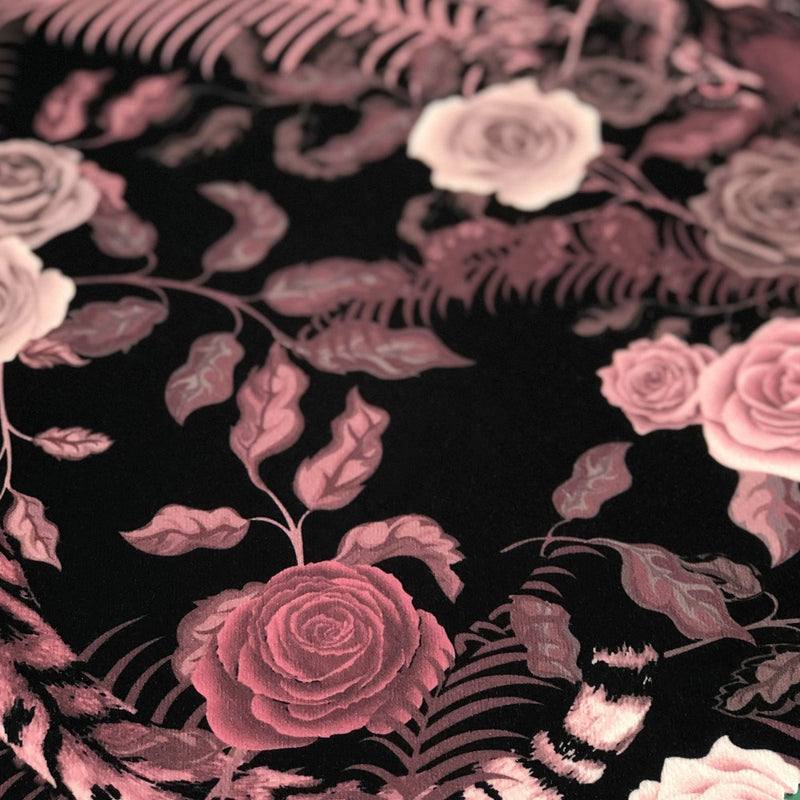 Close up of Becca Who Fabric Design Bengal Rose Garden of Tiger and Roses in Dusky Pink on Black