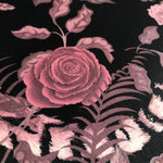 Close up of texture of Becca Who Fabric Design Bengal Rose Garden of Tiger and Roses in Dusky Pink on Black