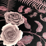 Becca Who Fabric Design Bengal Rose Garden of Tiger and Roses in Dusky Pink on Black details of fabric texture