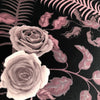 Detail close up of Becca Who Fabric Design Bengal Rose Garden of Tiger and Roses in Dusky Pink on Black
