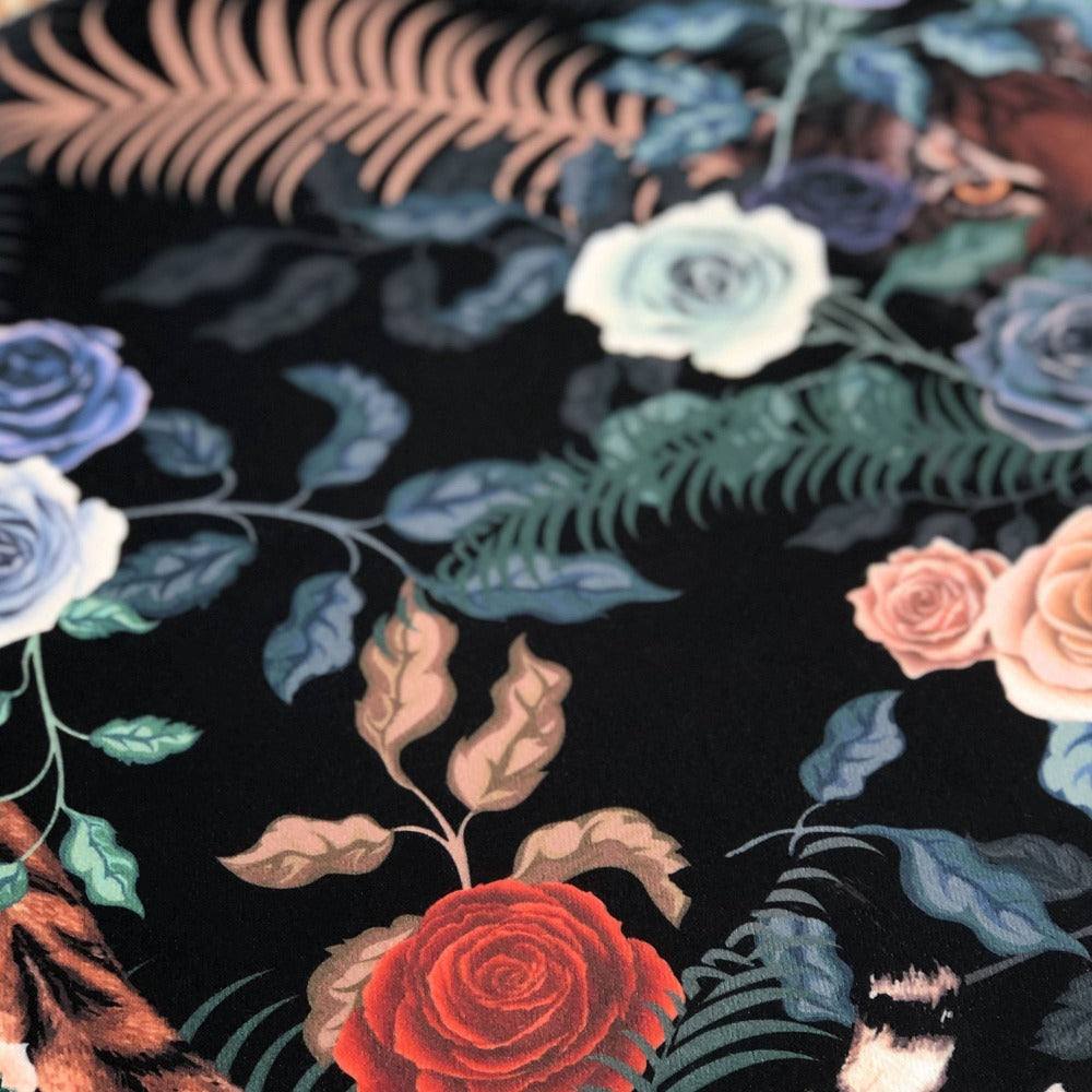 Texture of Becca Who Designer Upholstery Fabric in Bengal Rose garden design in colourful Fierce