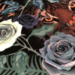 Becca Who Designer Soft Furnishings and Upholstery Fabric in Bengal Rose garden design in colourful Fierce detail of Tiger face