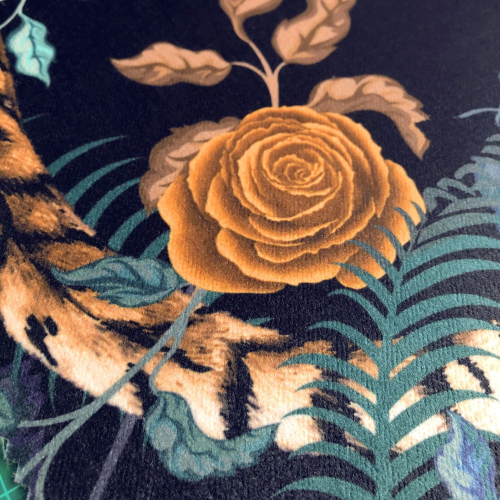 Close up of rose printed on Bengal Rose Garden velvet fabric with dark blue and floral print by Becca Who