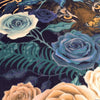 Close up of Tiger and Roses on Bengal Rose Garden velvet fabric with dark blue and floral print by Becca Who