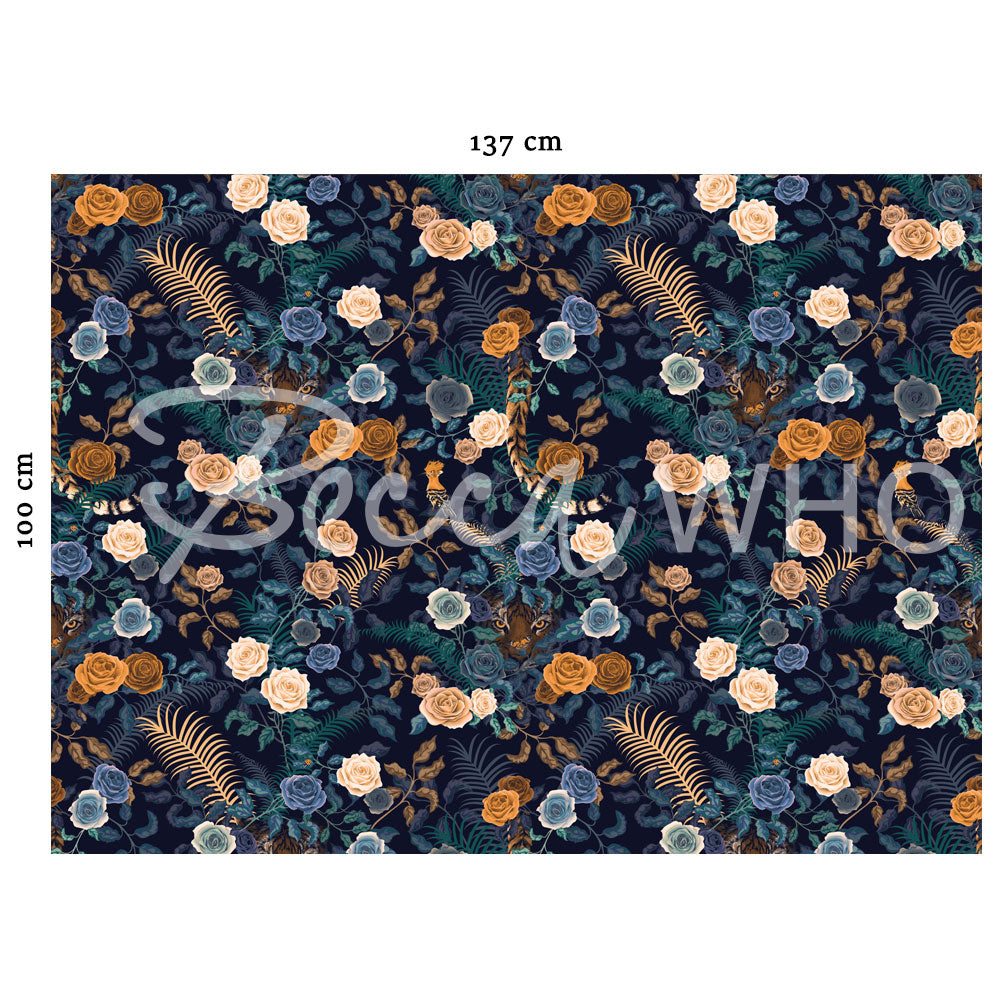 Full Metre of Bengal Rose Garden velvet fabric with dark blue and floral print by Becca Who