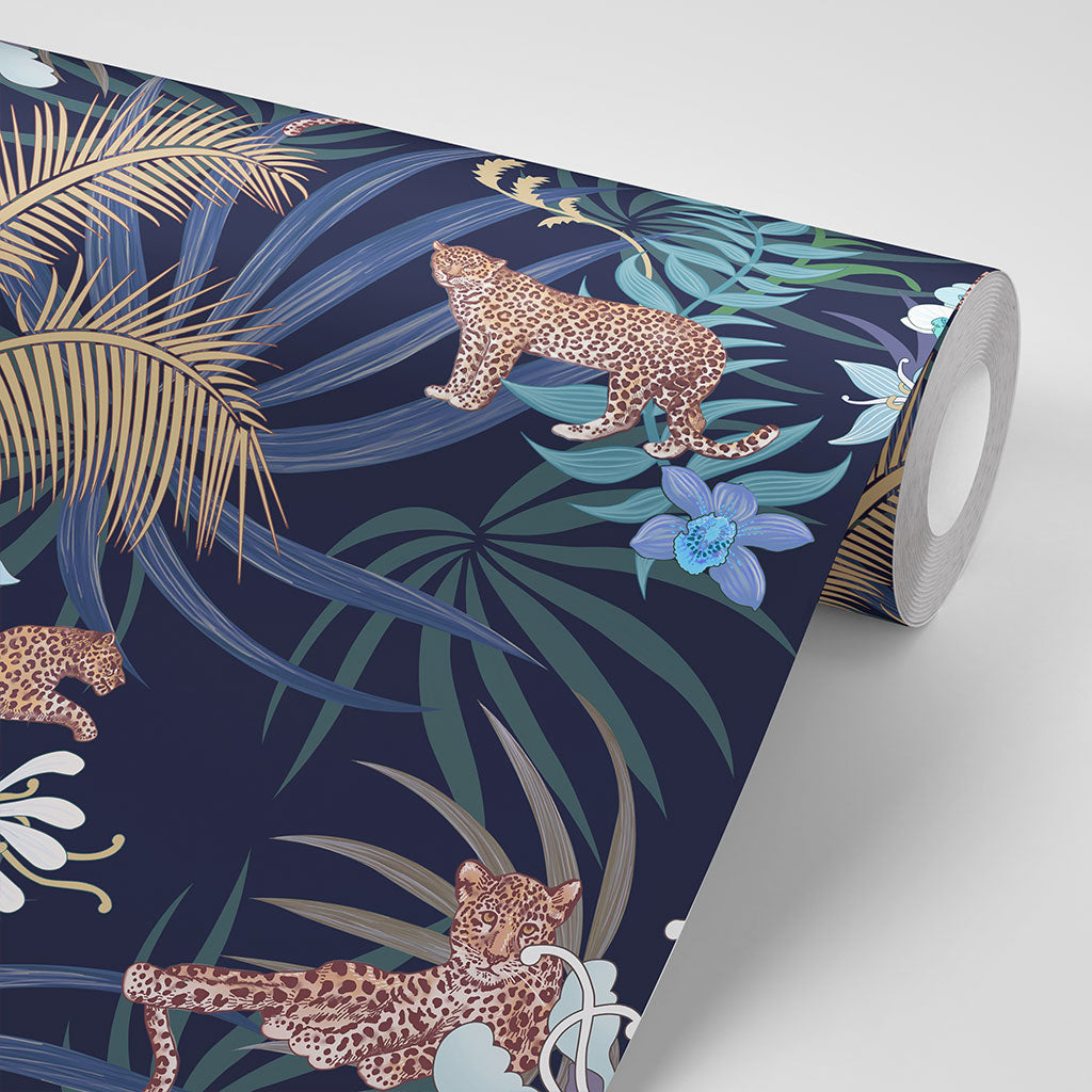 Designer Wallpaper in Navy & Gold with Leopards by Becca Who