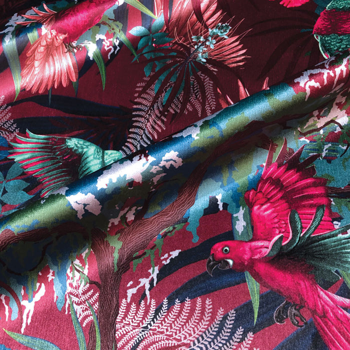 Rainforest Birds print on Velvet Fabric for Opulent Upholstery and Furnishings in Interiors in Pink and Claret