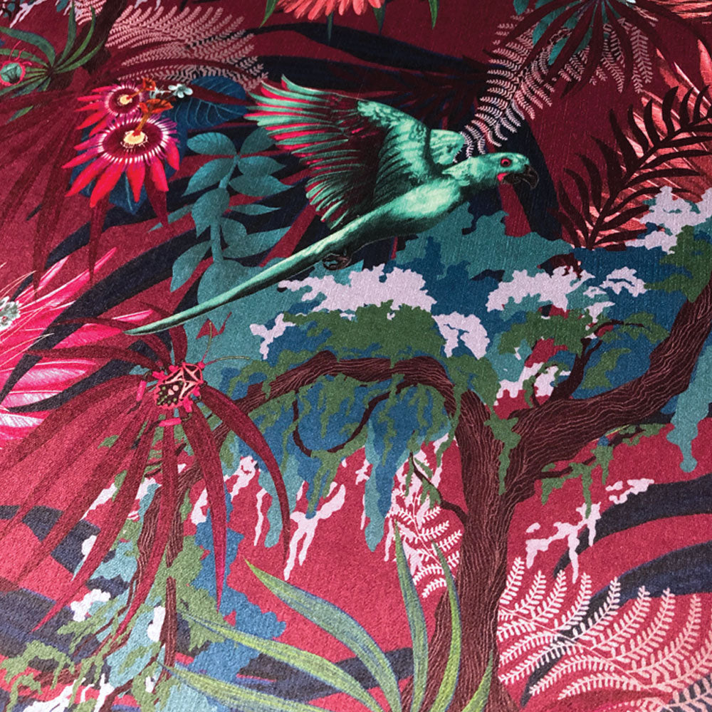 Designer Upholstery fabric with Rainforest Birds artwork on velvet by Becca Who