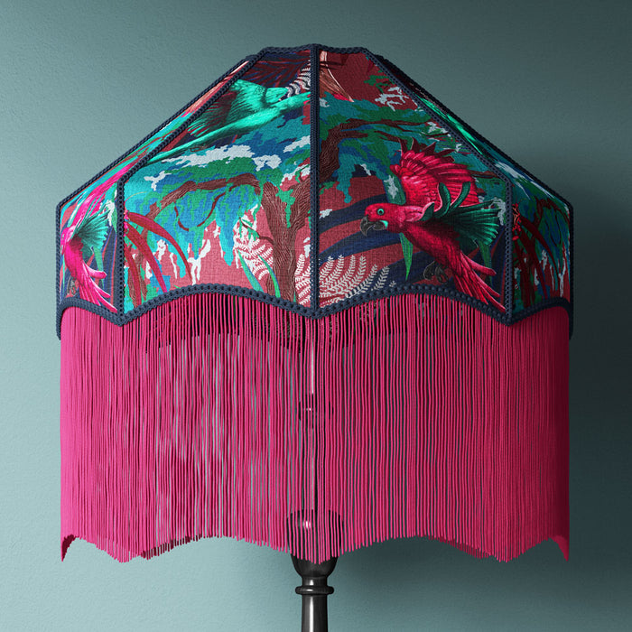 Statement Velvet Furnishing Fabric in Hot Pink & Claret with Rainforest Birds by UK Designer, Becca Who