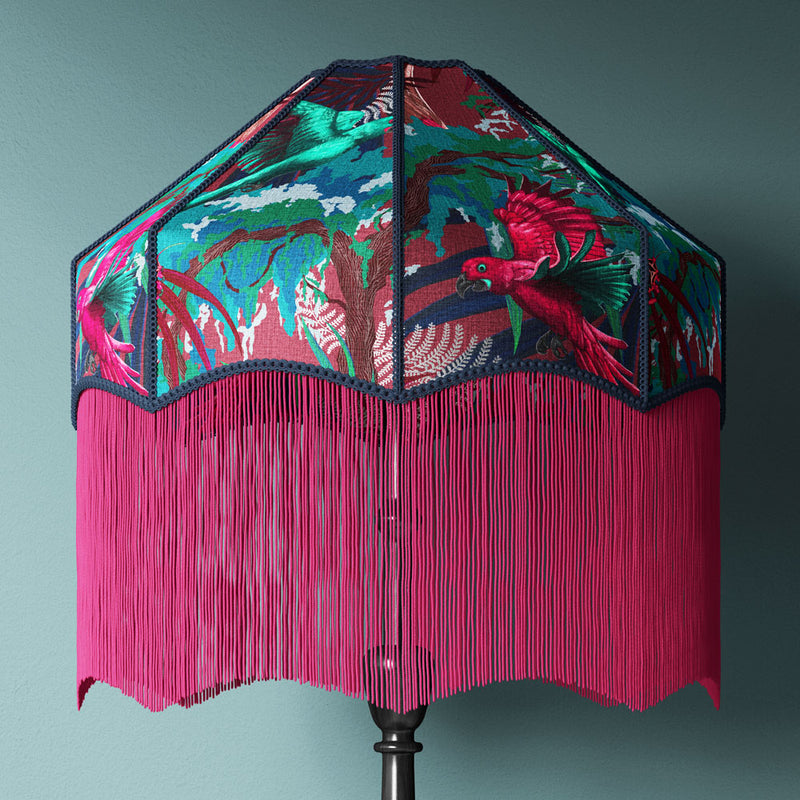 Patterned Velvet Soft Furnishings Fabric by Designer Becca Who Rainforest Rush in Claret and Pink