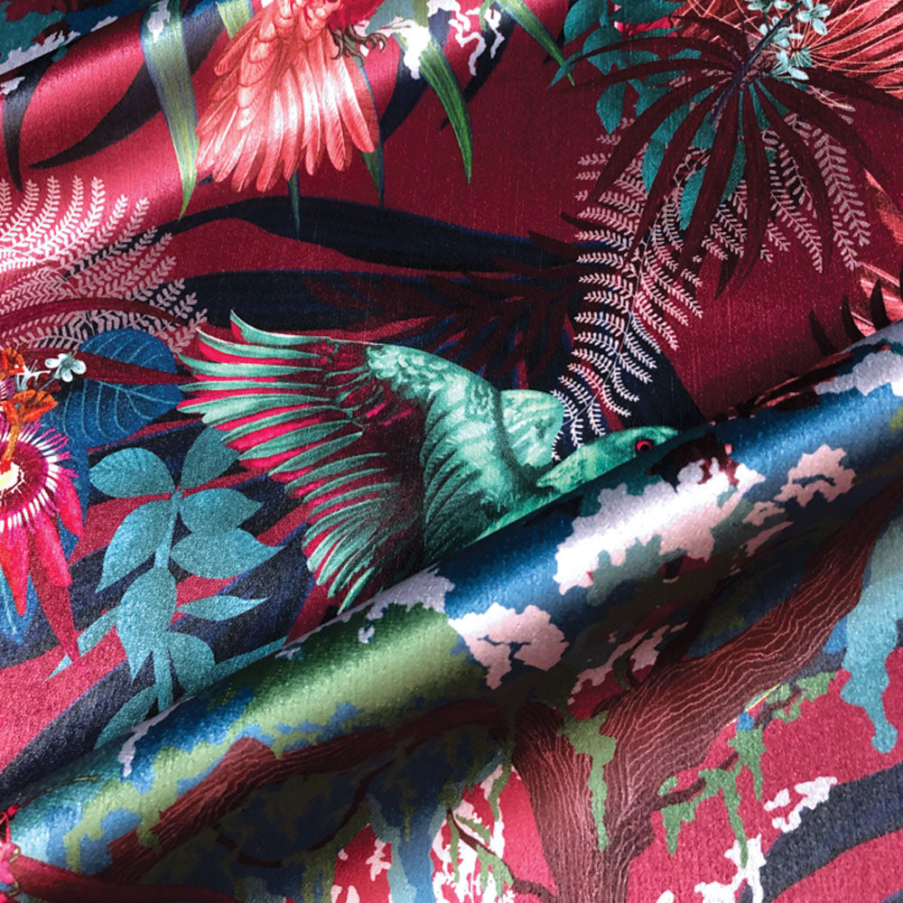 Luxury Patterned Upholstery Fabric with Rainforest Birds by Designer, Becca Who