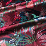 Designer Fabric for upholstery and soft furnishings with Rainforest birds design on Burgundy by Becca Who