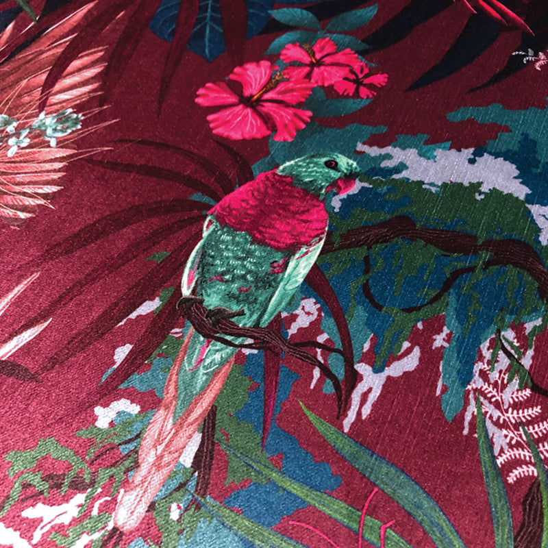 Designer Velvet Upholstery Fabric with Rainforest Birds in Pink and Claret by Becca Who