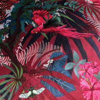 Designer fabric with Rainforest Birds design on Claret and Pink velvet by Becca Who