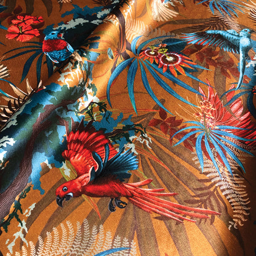 Colourful Designer Furnishing Fabric with Rainforest Birds on Mustard Yellow Ochre Velvet by Becca Who