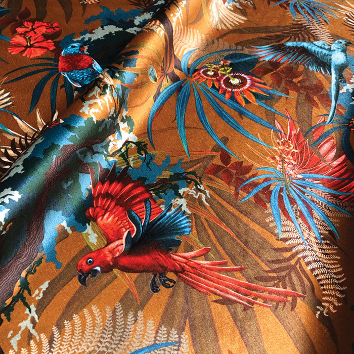 Colourful Designer Furnishing Fabric with Rainforest Birds on Mustard Yellow Ochre Velvet by Becca Who