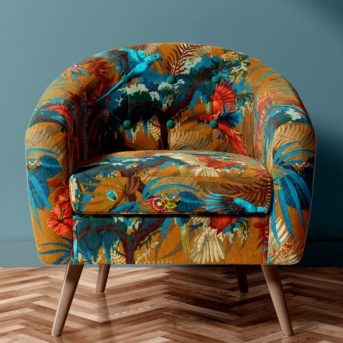 Colourful Furnishing Fabric in Mustard Yellow with Rainforest Birds for striking Upholstered Furniture