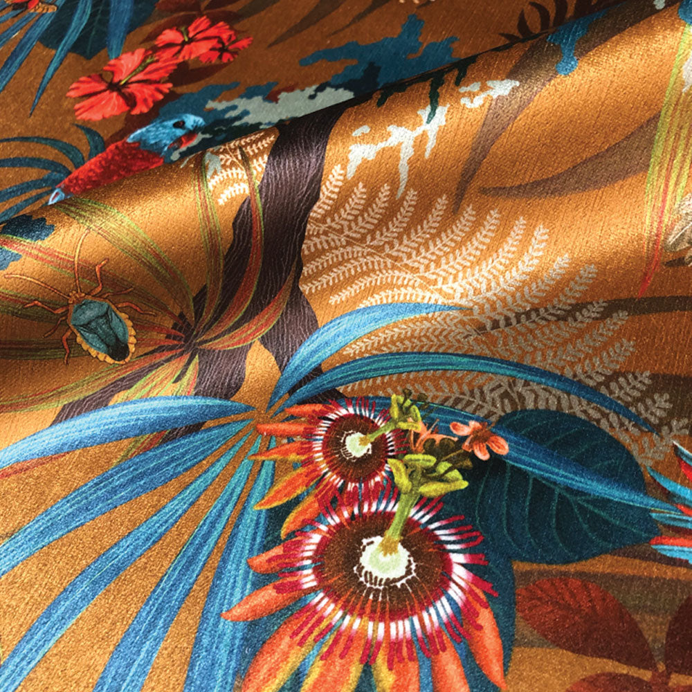 Colourful Rainforest Birds Velvet in Mustard, Becca Who – Becca Who Ltd