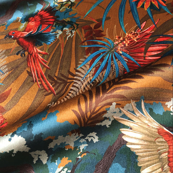 Colourful Rainforest Birds Velvet Fabric in Mustard Yellow, Teal and Orange for Luxurious Furnishings