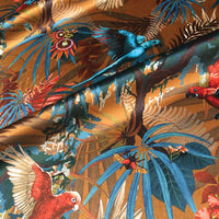 Becca Who Designer Fabric for interiors with Rainforest Birds design on Mustard Yellow Velvet