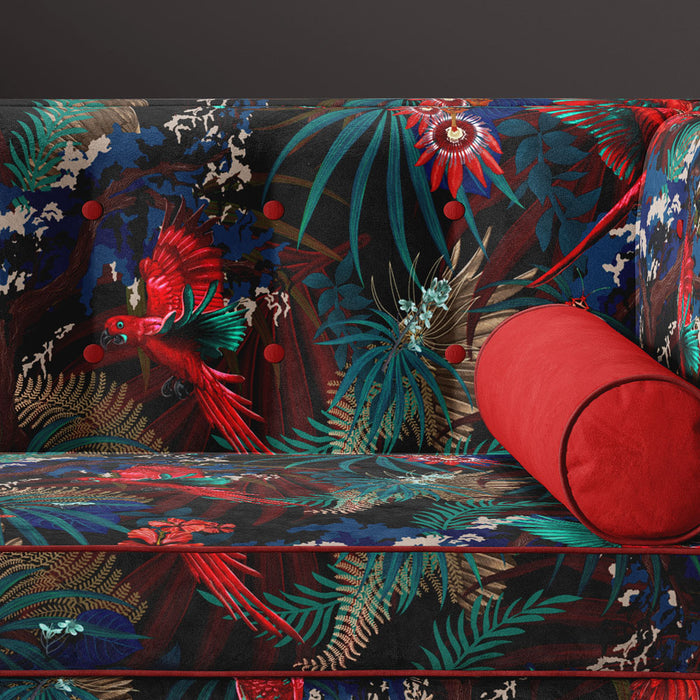 Bold, Dramatic Furnishing Fabric in Black, Red & Gold with Rainforest Birds by UK Designer, Becca Who