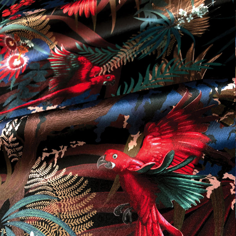 Statement designer fabric in Black and Red with rainforest design on velvet by Becca Who