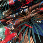 Designer Fabric for dark interiors with Rainforest Birds design on Black by Becca Who