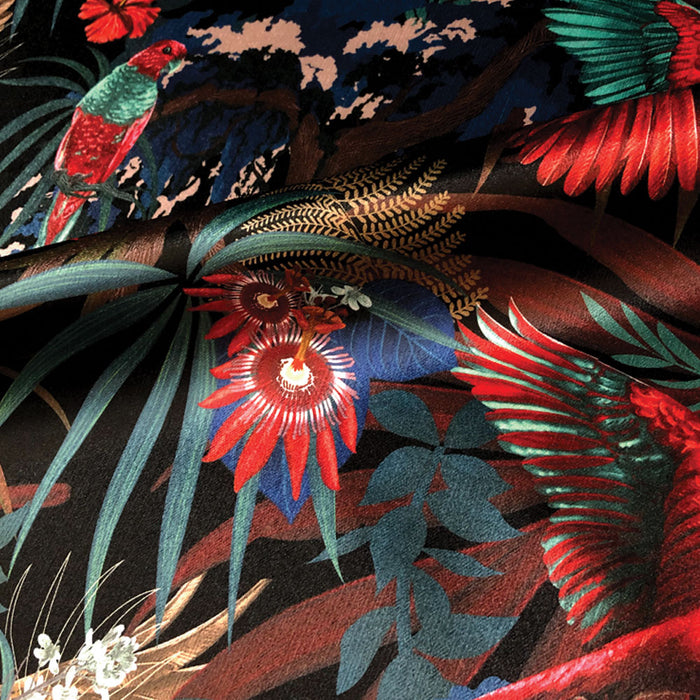 Dramatic Rainforest Birds Furnishing Fabric in Black, Red & Gold by UK Designer, Becca Who
