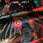 Designer fabric with dark design of Rainforest Birds on Black Velvet with Red and Teal by Becca Who