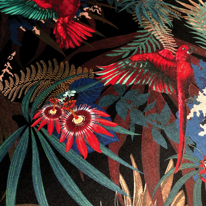 Bold designer fabric with Rainforest Birds on red and black for upholstery and soft furnishings