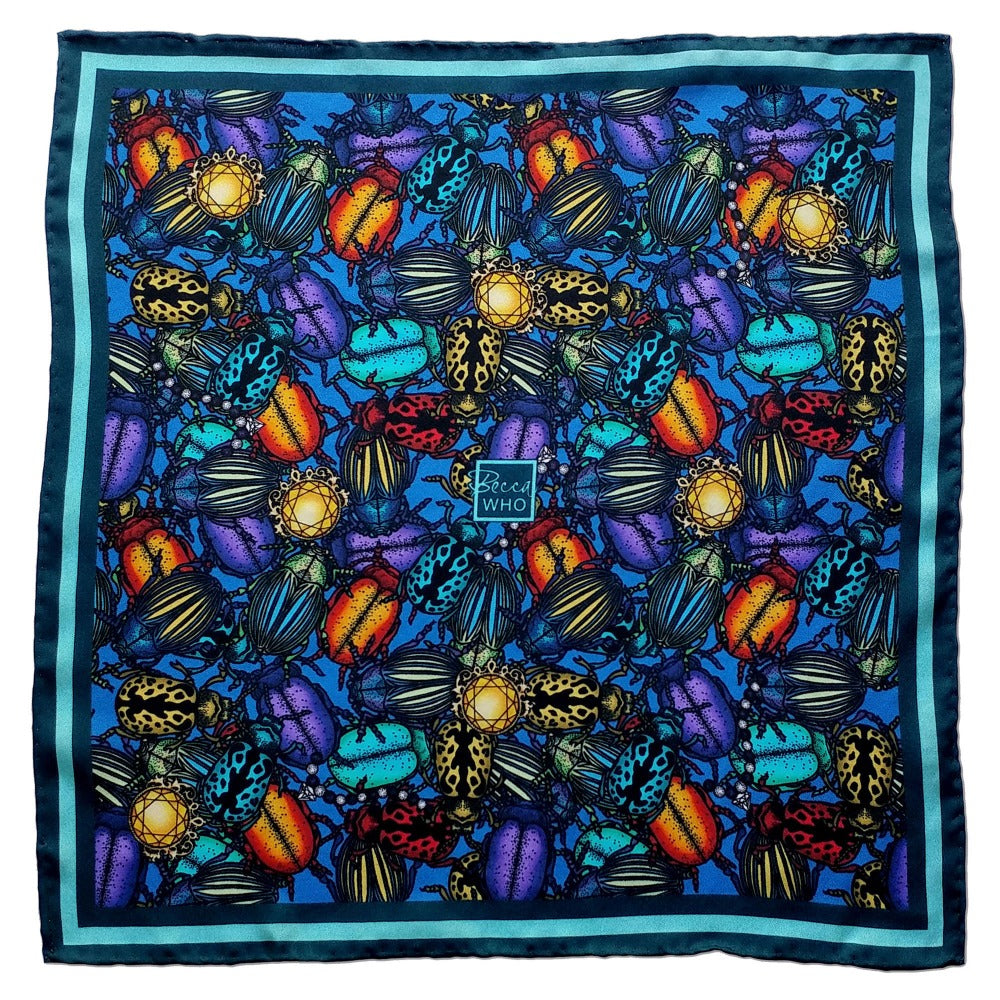 Becca Who Silk Pocket Square Beetles Design in Blue